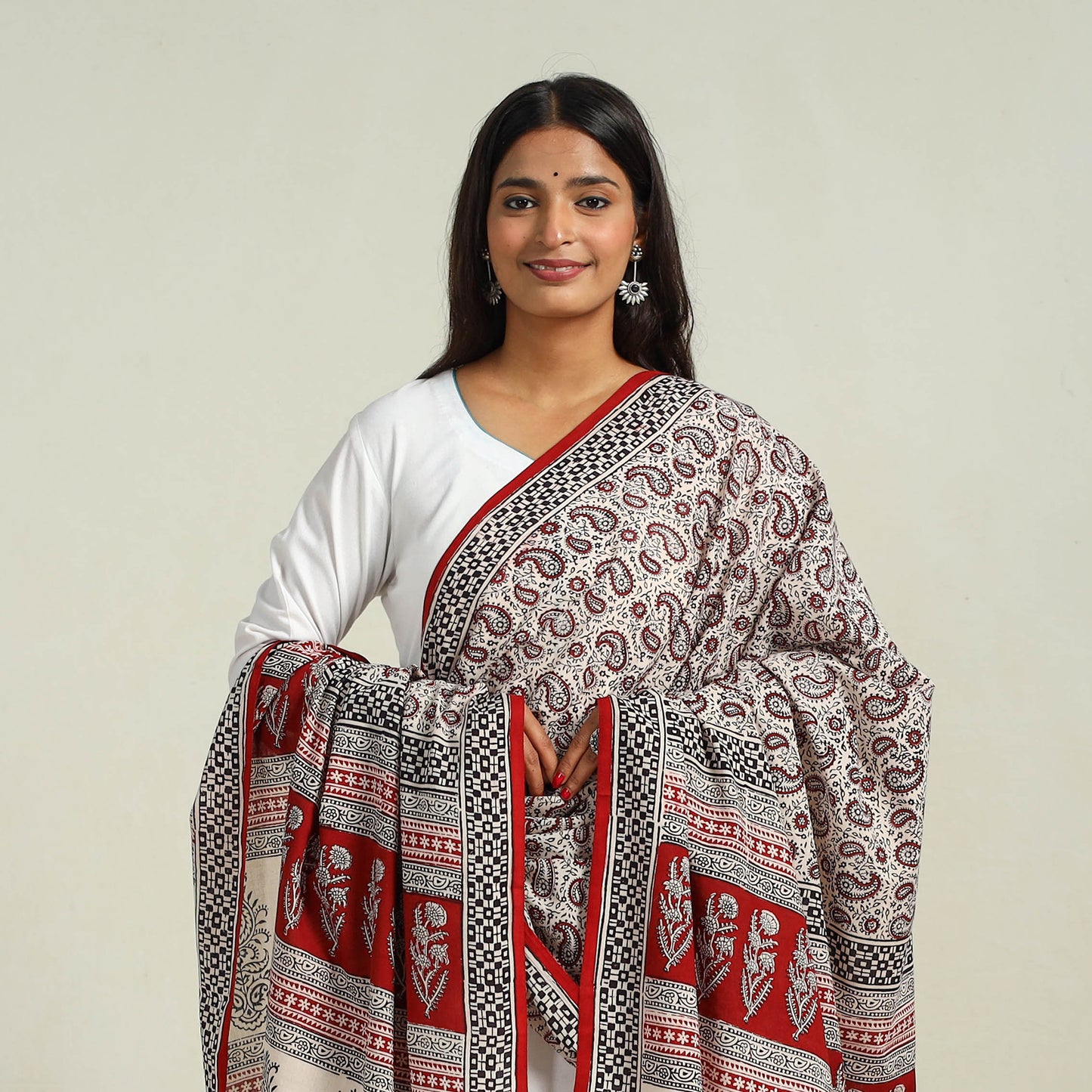 Grey - Hand Block Print Cotton Bagh Dupatta 36