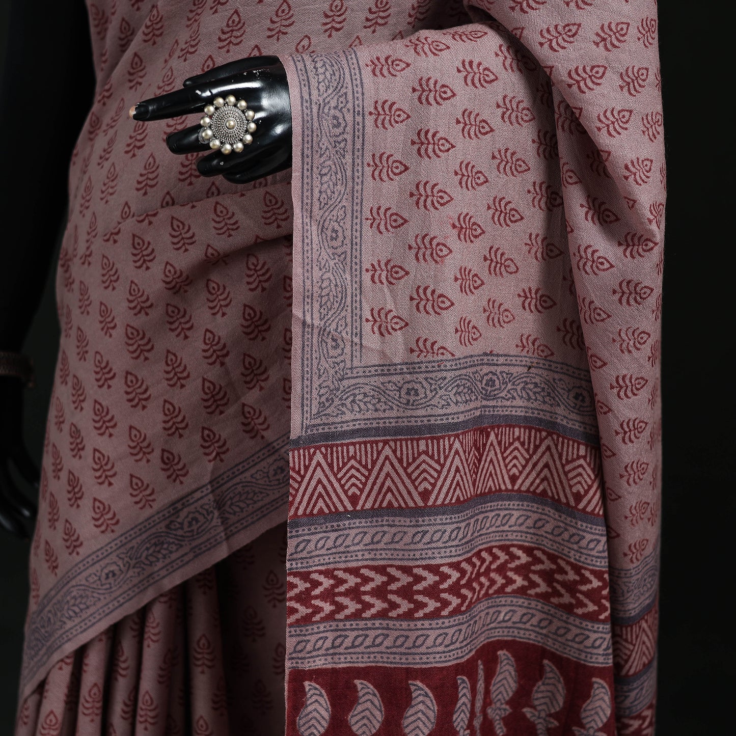 Handwoven Merino Wool Natural Dyed Hand Block Bagh Print Saree 09