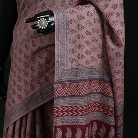 Handwoven Merino Wool Natural Dyed Hand Block Bagh Print Saree 09