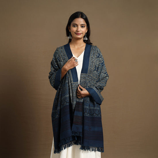 Blue - Kutch Handwoven Ajrakh Print Pure Wool Shawl 18