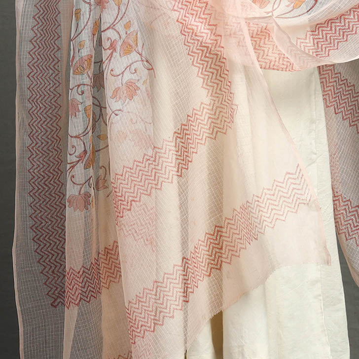 Peach - Sanganeri Block Printed Kota Doria Cotton Dupatta 52