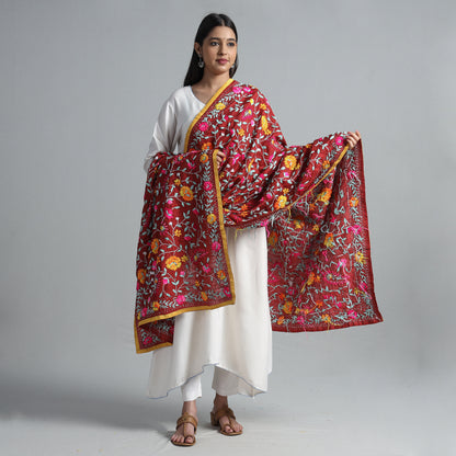 Maroon - Ranihati Chanderi Silk Chapa Work Phulkari Embroidered Dupatta 41