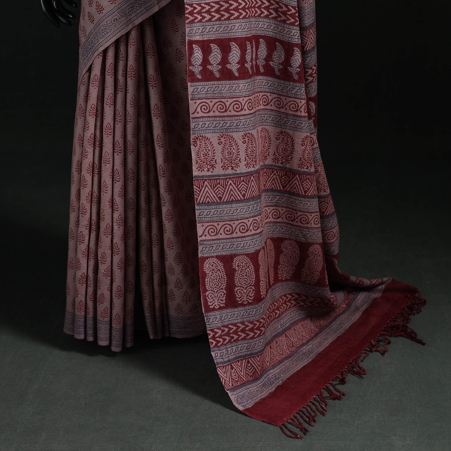 Handwoven Merino Wool Natural Dyed Hand Block Bagh Print Saree 09