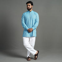 Sky Blue - Handloom Cotton Stripe Men Short Kurta