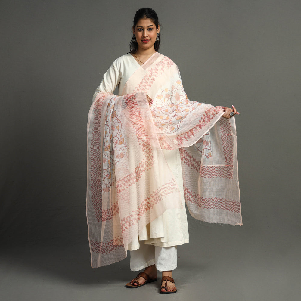 Peach - Sanganeri Block Printed Kota Doria Cotton Dupatta 52