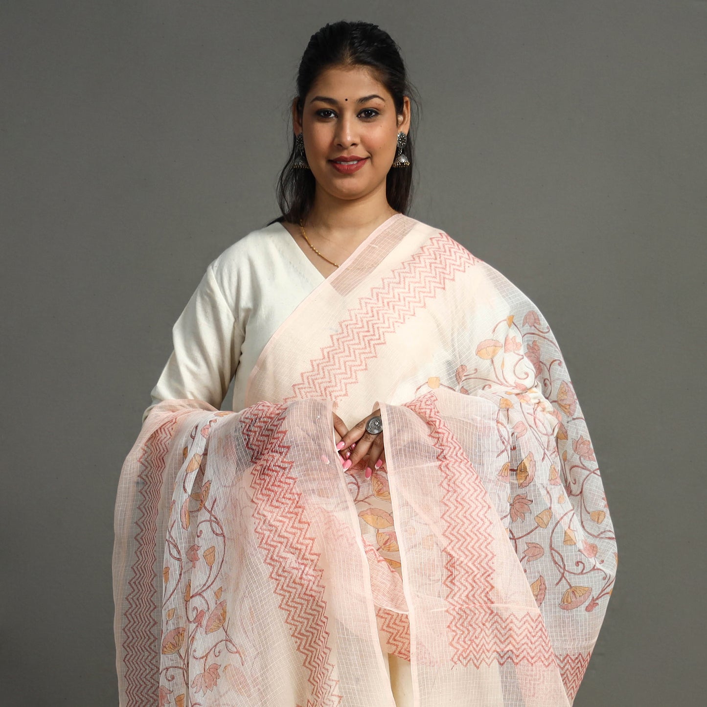 Peach - Sanganeri Block Printed Kota Doria Cotton Dupatta 52