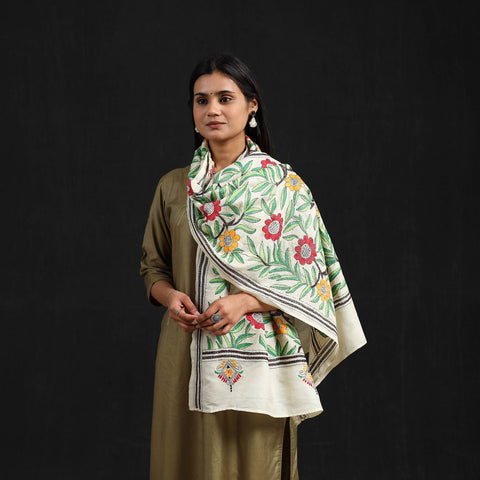 Off White - Handloom Silk Bengal Kantha Work Stole 57