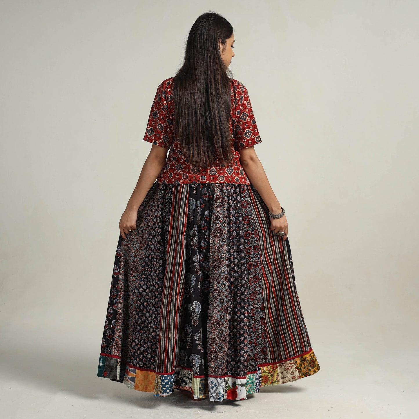 Multicolor - Kutch Block Printed 24 Kali Cotton Long Skirt 27