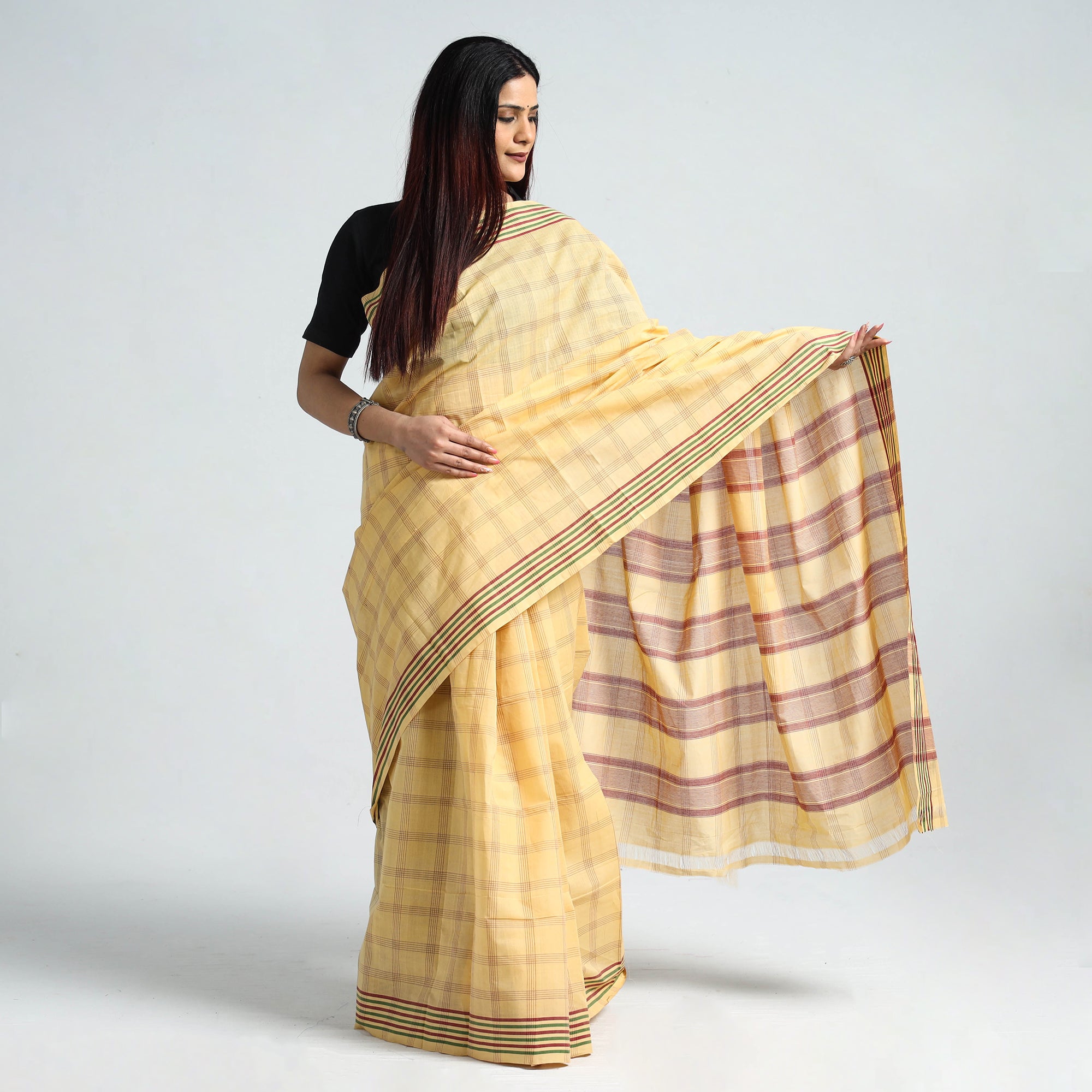 Red with Yellow Color New Cotton Check Saree with Running Blouse Piece