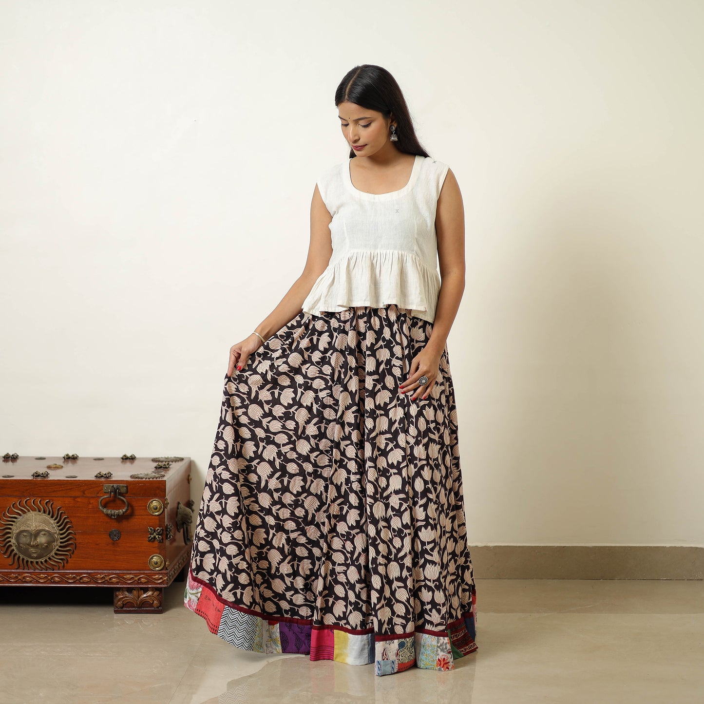 Multicolor - Hand Block Printed Cotton Long Bagru Skirt 11