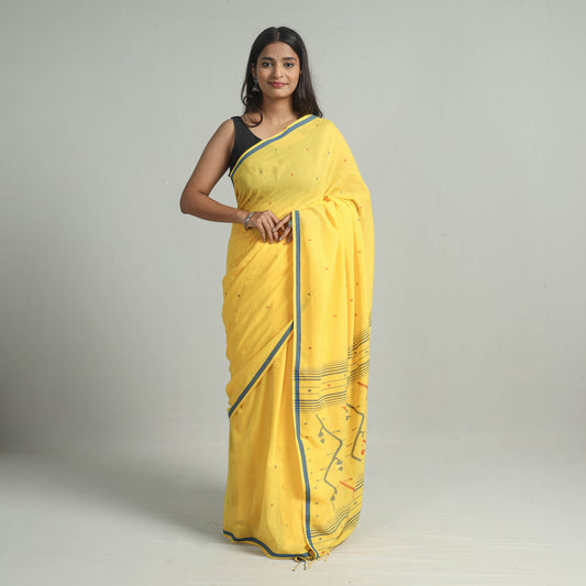 Yellow - Handloom Cotton Phulia Jamdani Saree with Tassels 27