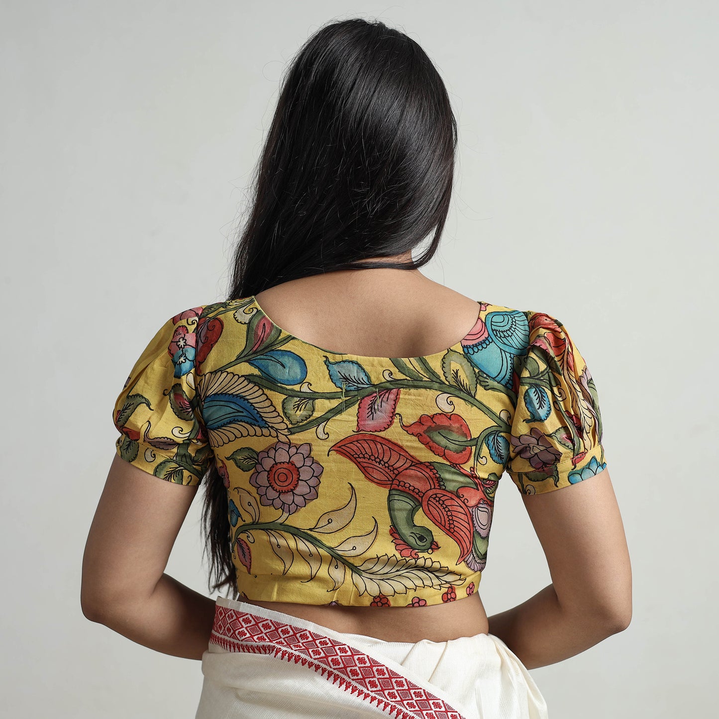 Yellow - Srikalahasti Handpainted Penwork Kalamkari Chanderi Silk Stitched Blouse 07