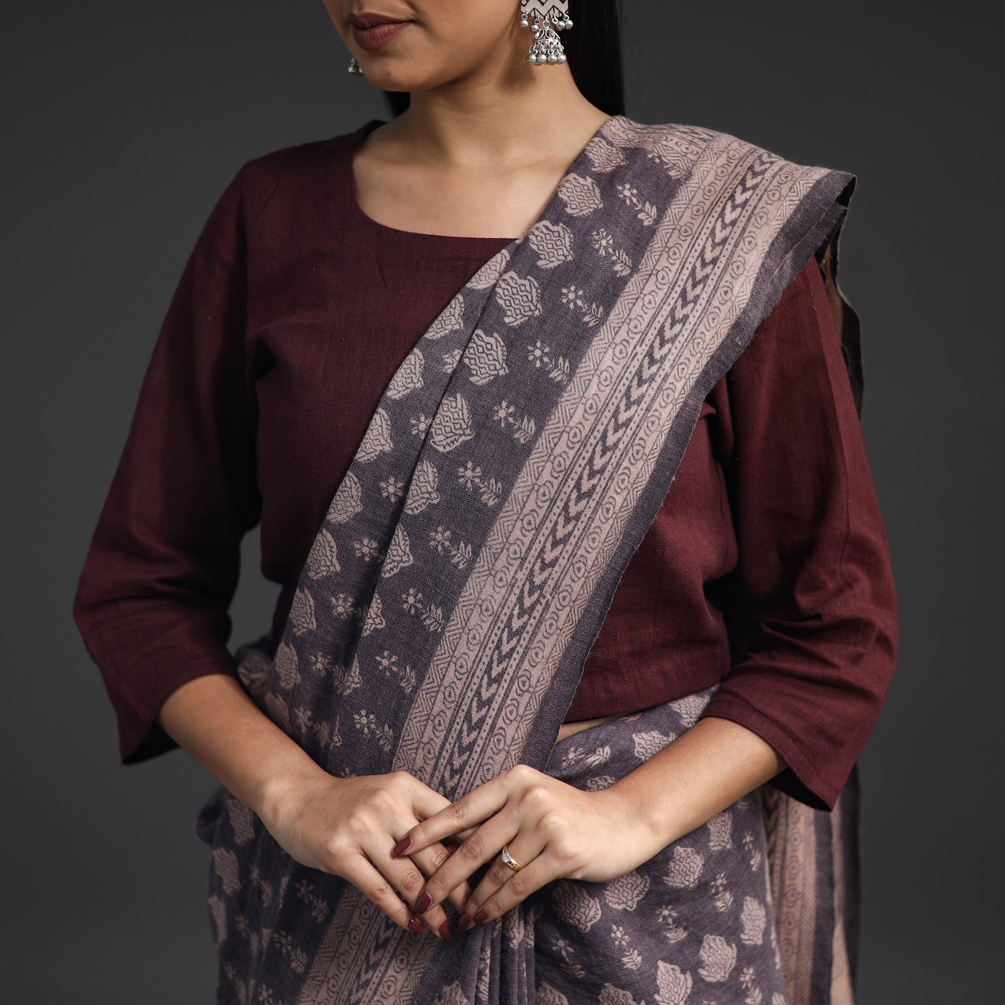 Brown - Handwoven Merino Wool Bagh Block Print Saree 05