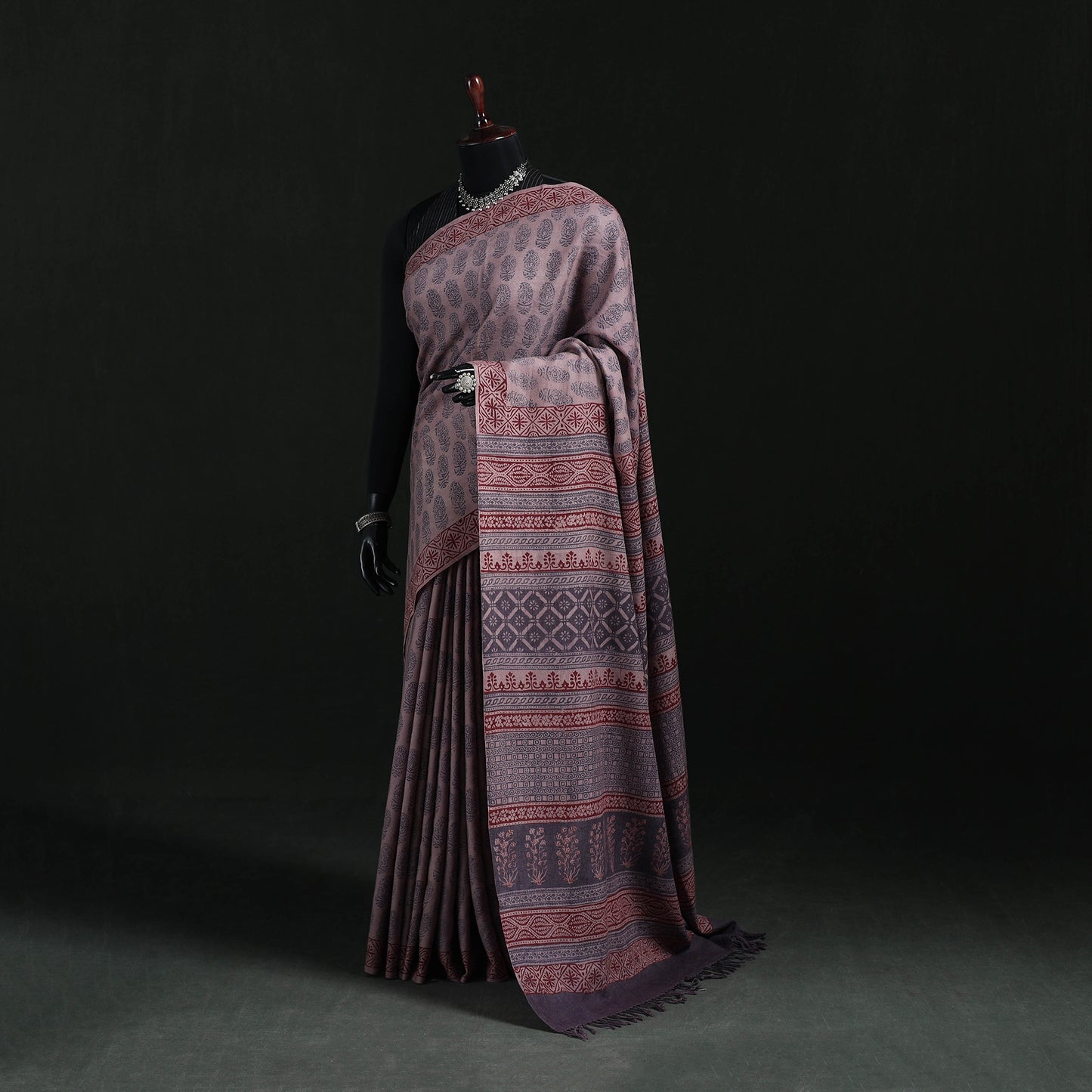 Handwoven Merino Wool Natural Dyed Hand Block Bagh Print Saree 08