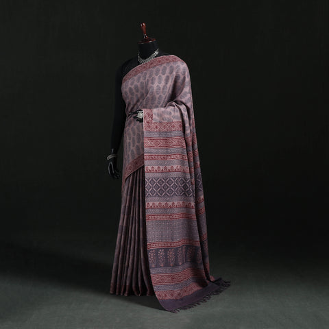 Handwoven Merino Wool Natural Dyed Hand Block Bagh Print Saree 08
