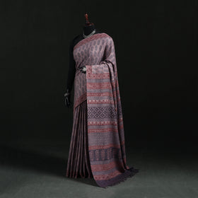 Handwoven Merino Wool Natural Dyed Hand Block Bagh Print Saree 08