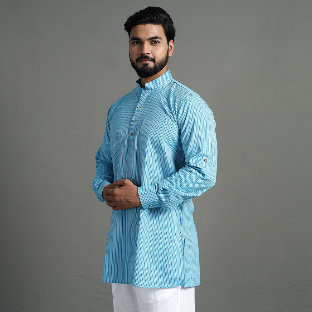 Sky Blue - Handloom Cotton Stripe Men Short Kurta