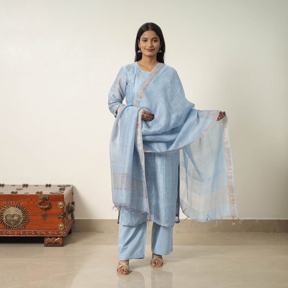 Blue - Elegant Linen Silk Handloom Plain Kurta Set 06