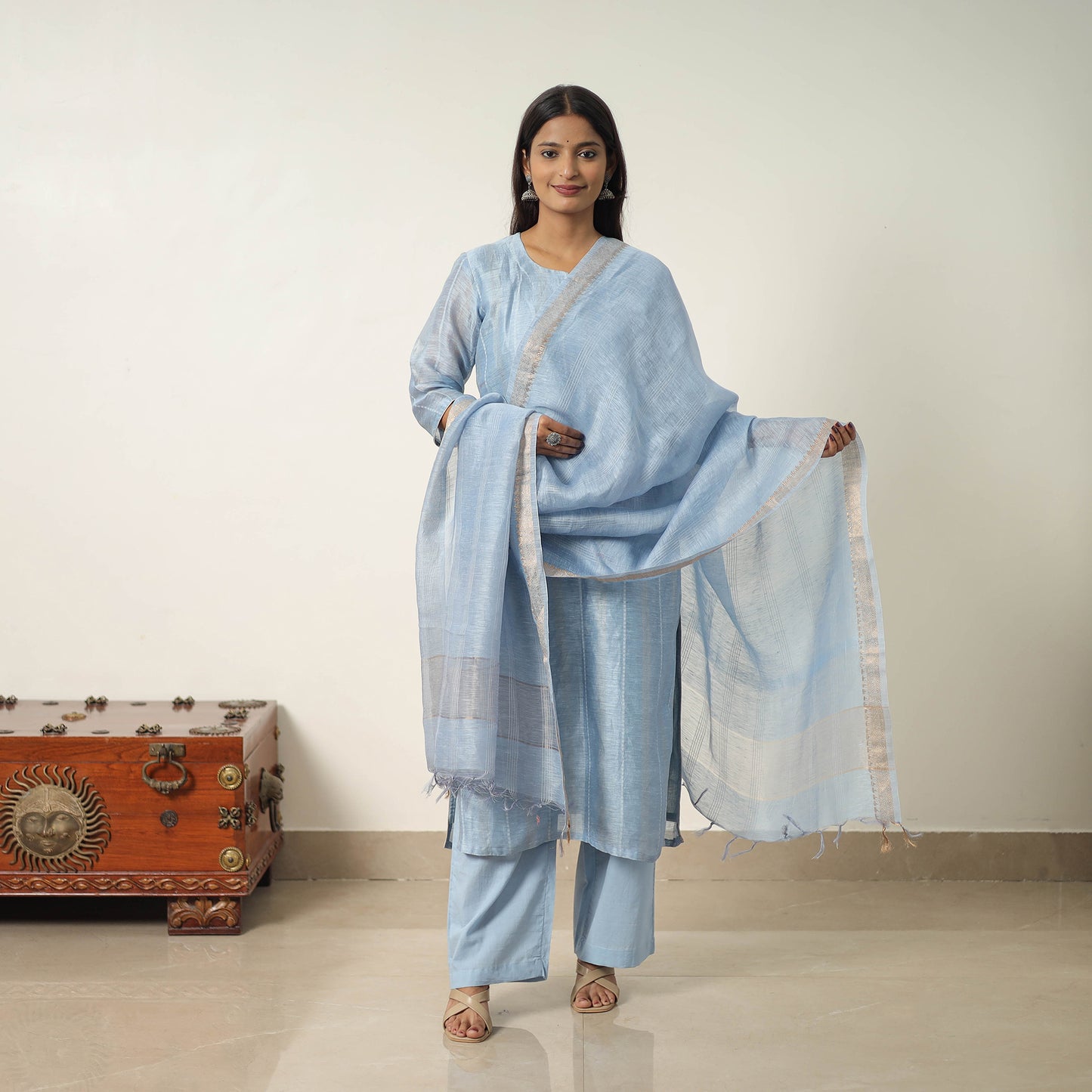 Blue - Elegant Linen Silk Handloom Plain Kurta Set 06