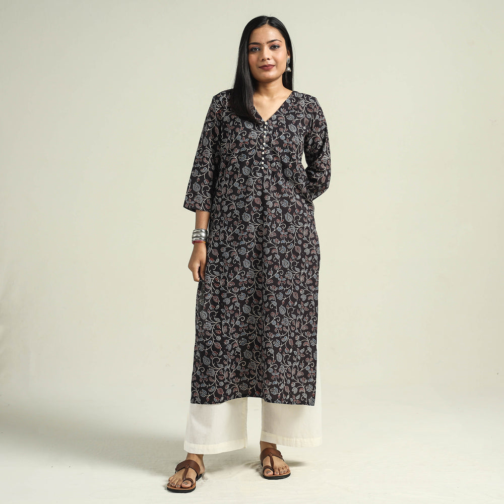 Black with Jaal - Ajrakh Hand Block Printed Cotton Straight Kurta