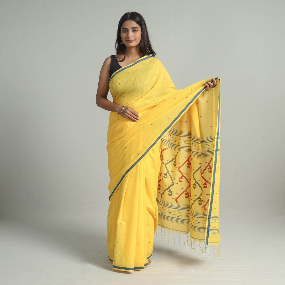 Yellow - Handloom Cotton Phulia Jamdani Saree with Tassels 27