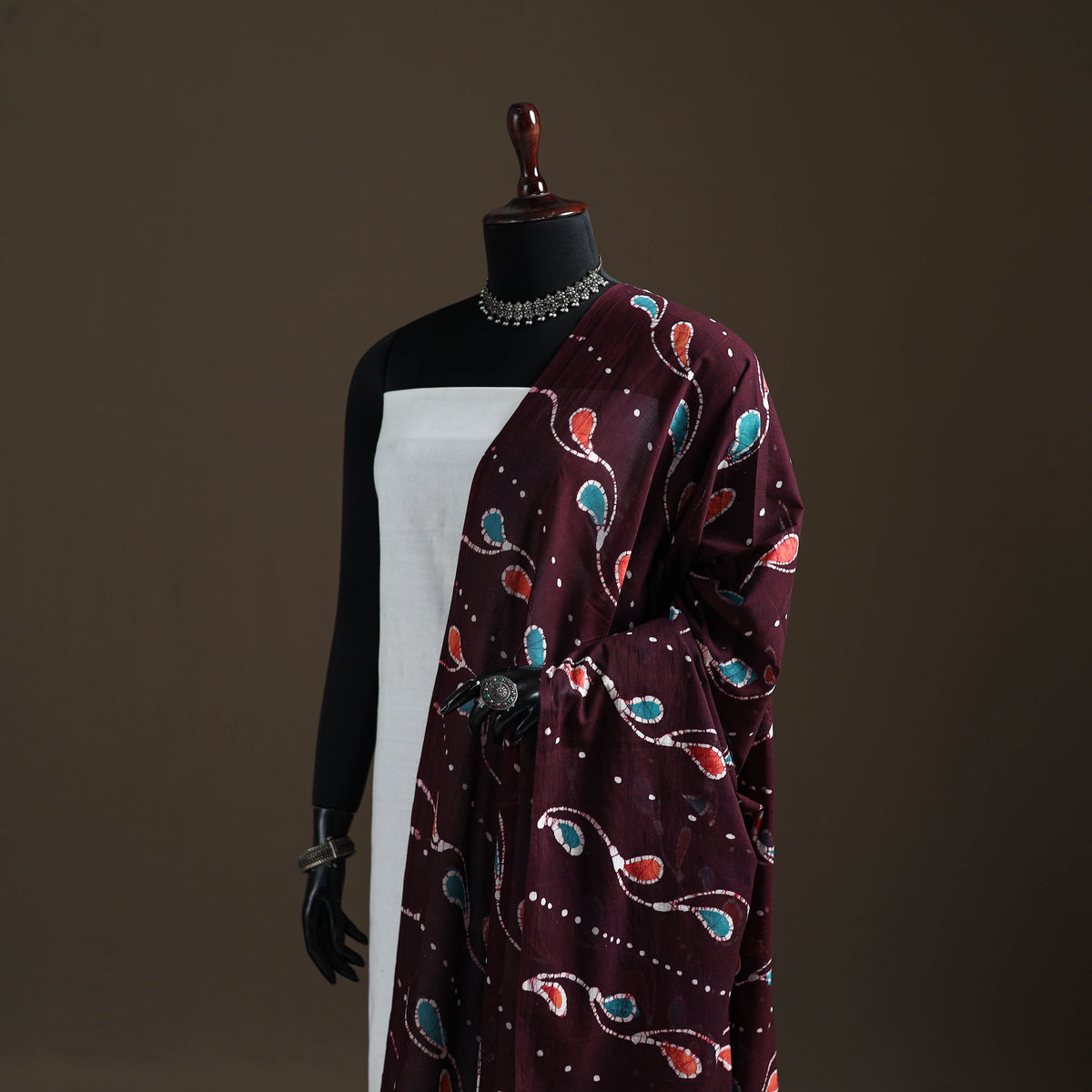 Brown - hand batik print cotton dupatta 19 - handcrafted
