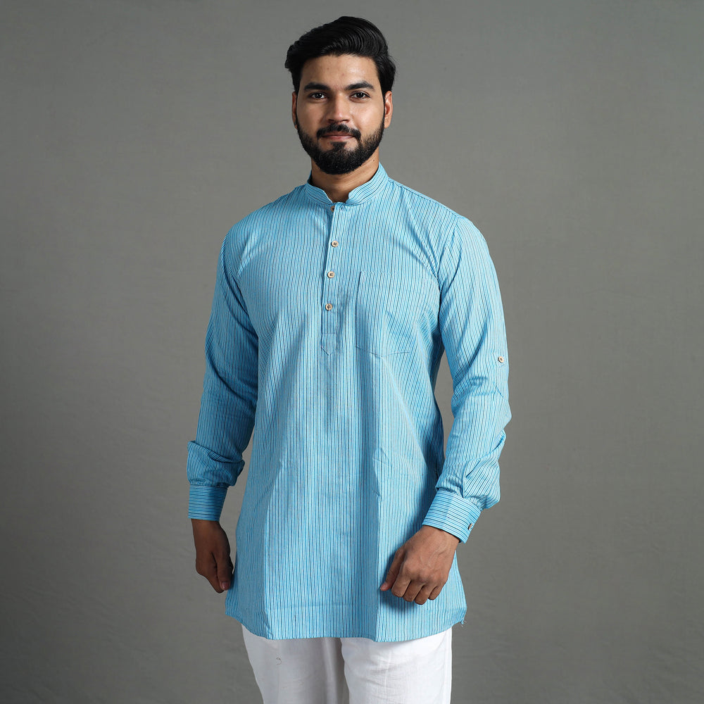 Sky Blue - Handloom Cotton Stripe Men Short Kurta