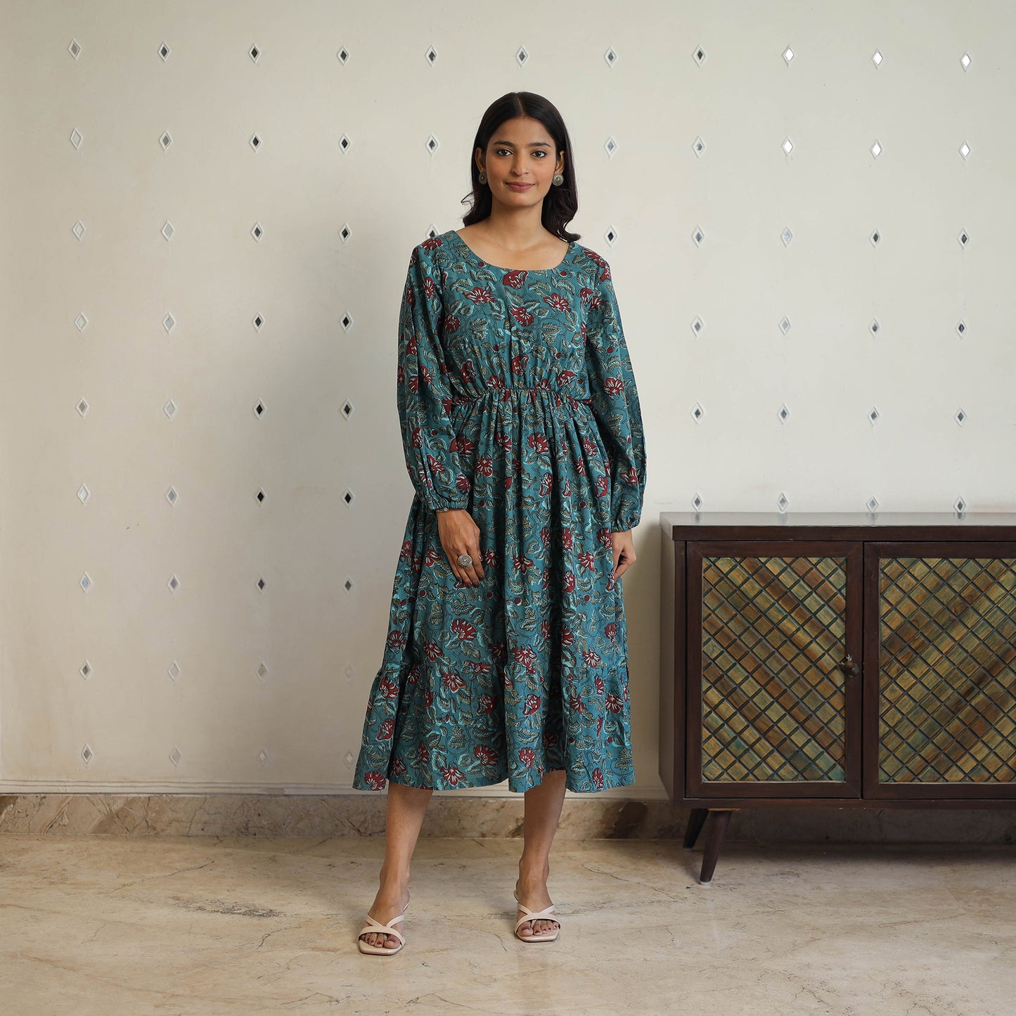 Green - Block Printed Cotton Fit & Flare Jahota Dress 04