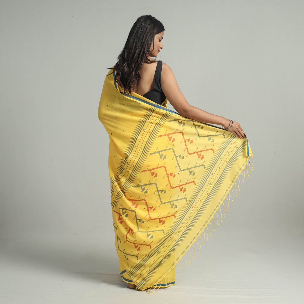 Yellow - Handloom Cotton Phulia Jamdani Saree with Tassels 27