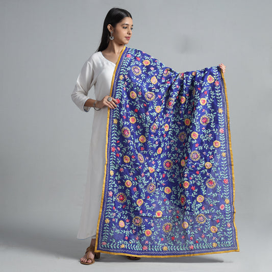 Blue - Ranihati Chanderi Silk Chapa Work Phulkari Embroidered Dupatta 42