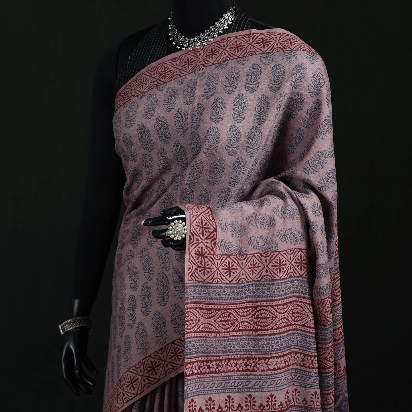 Handwoven Merino Wool Natural Dyed Hand Block Bagh Print Saree 08