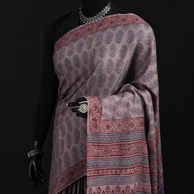 Handwoven Merino Wool Natural Dyed Hand Block Bagh Print Saree 08