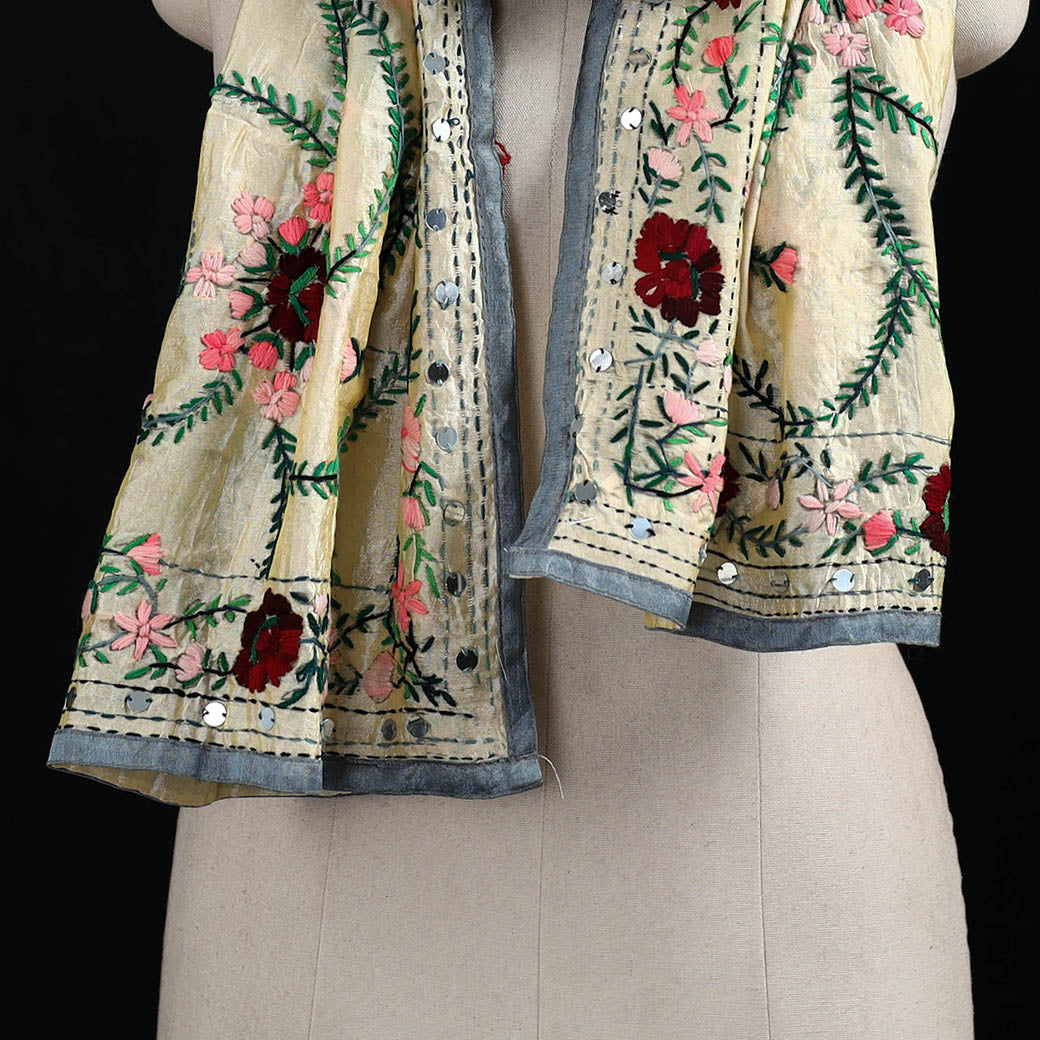 Beige - Ranihati Chanderi Silk Hand Embroidered Stole 38