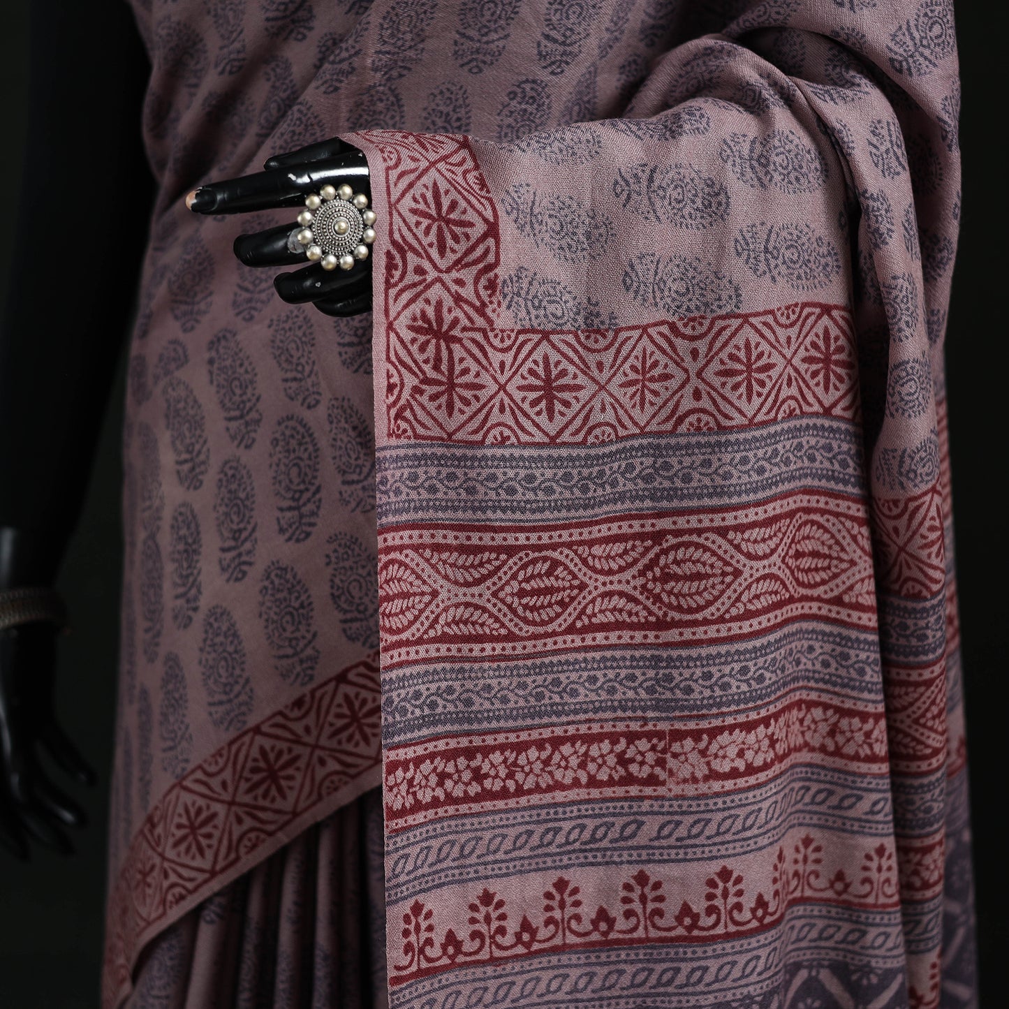 Handwoven Merino Wool Natural Dyed Hand Block Bagh Print Saree 08