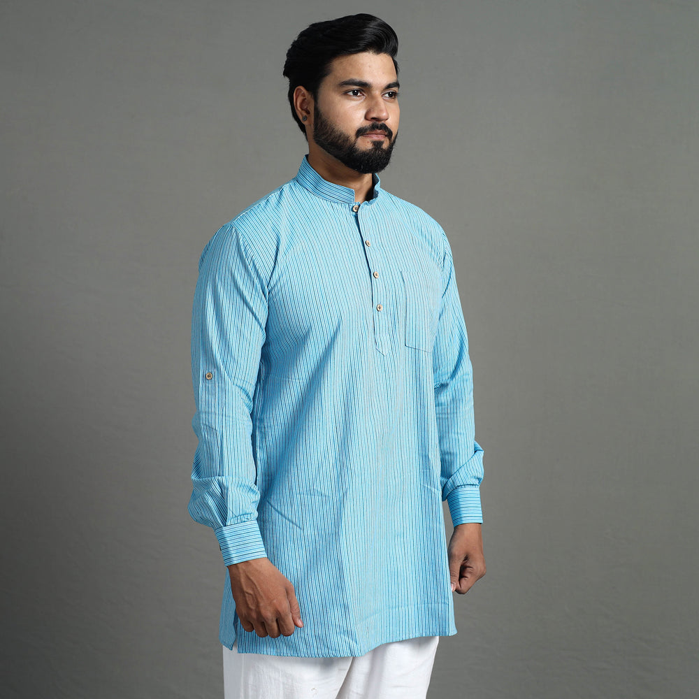 Sky Blue - Handloom Cotton Stripe Men Short Kurta