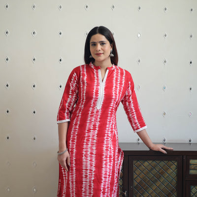 Red - Tie & Dye Cotton Straight Shibori Kurta 12