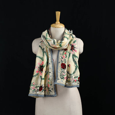 Beige - Ranihati Chanderi Silk Hand Embroidered Stole 38