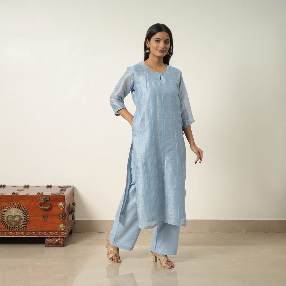 Blue - Elegant Linen Silk Handloom Plain Kurta Set 06