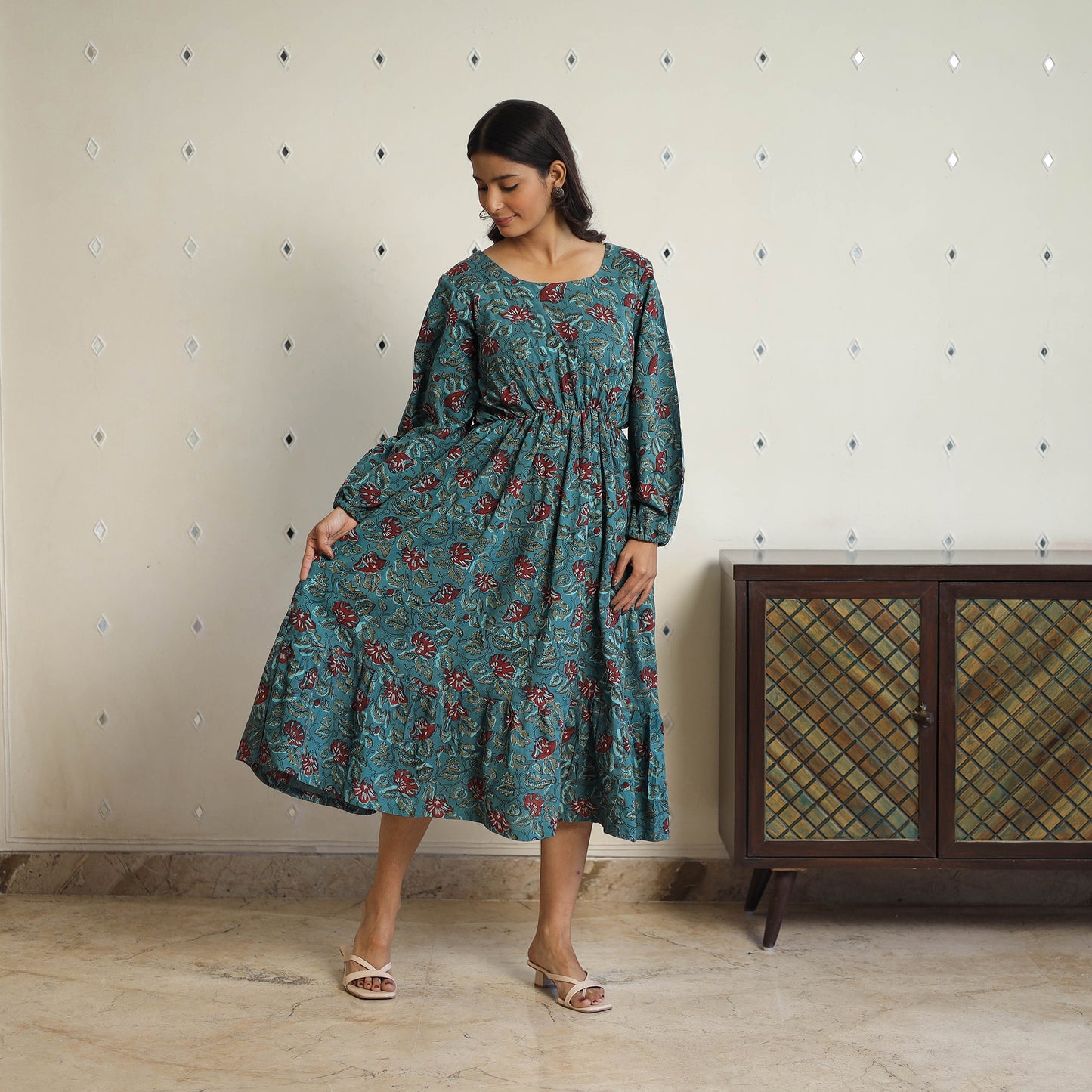 Green - Block Printed Cotton Fit & Flare Jahota Dress 04