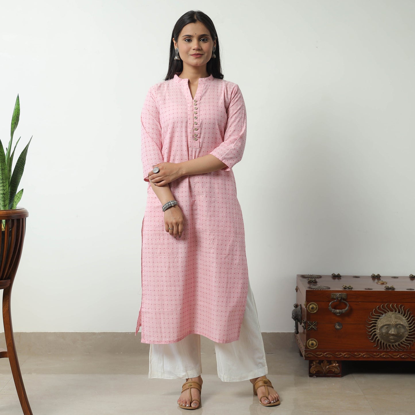 Pink - Jacquard Cotton Straight Kurta 09