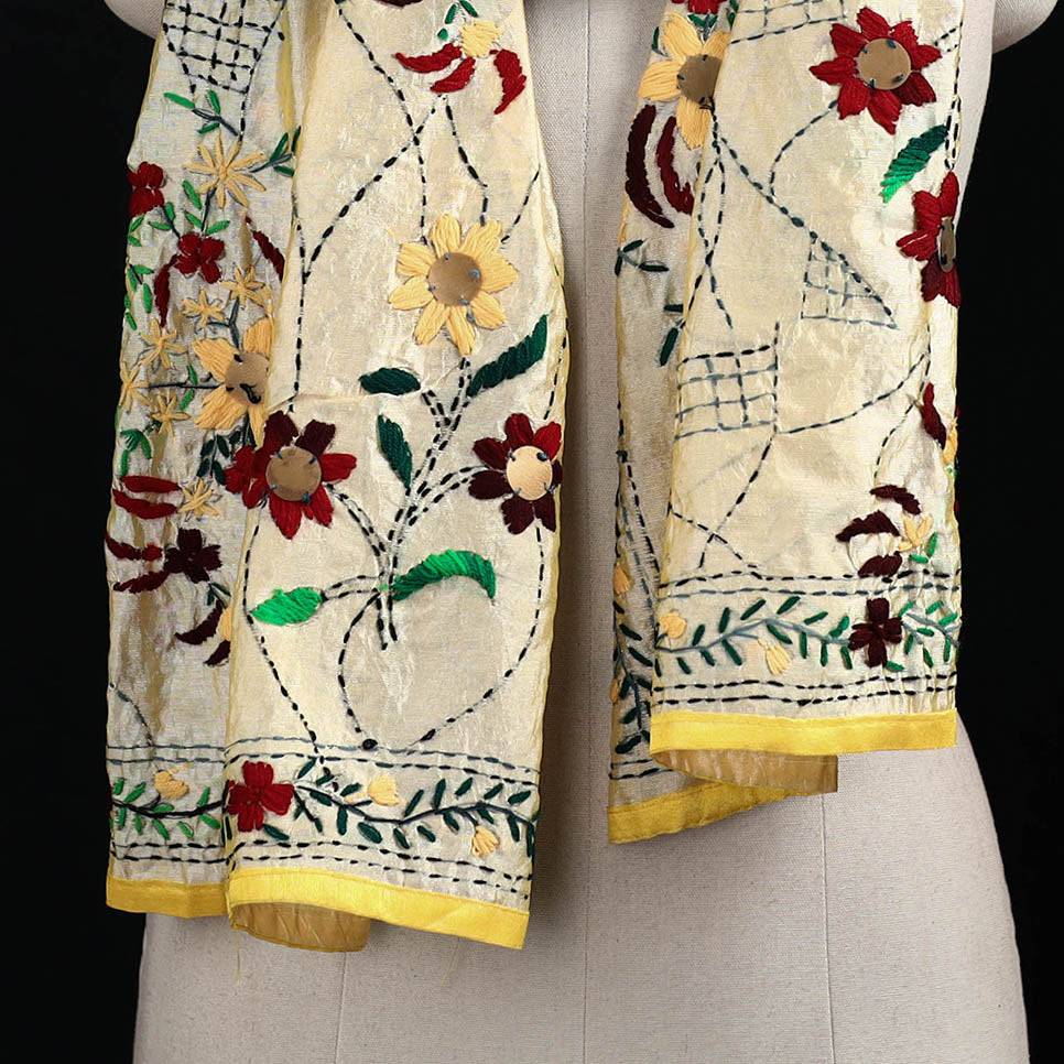 Beige - Ranihati Chanderi Silk Hand Embroidered Stole 39