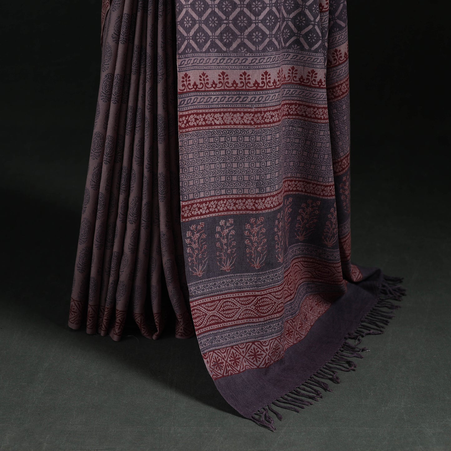 Handwoven Merino Wool Natural Dyed Hand Block Bagh Print Saree 08