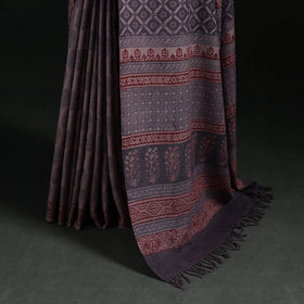 Handwoven Merino Wool Natural Dyed Hand Block Bagh Print Saree 08