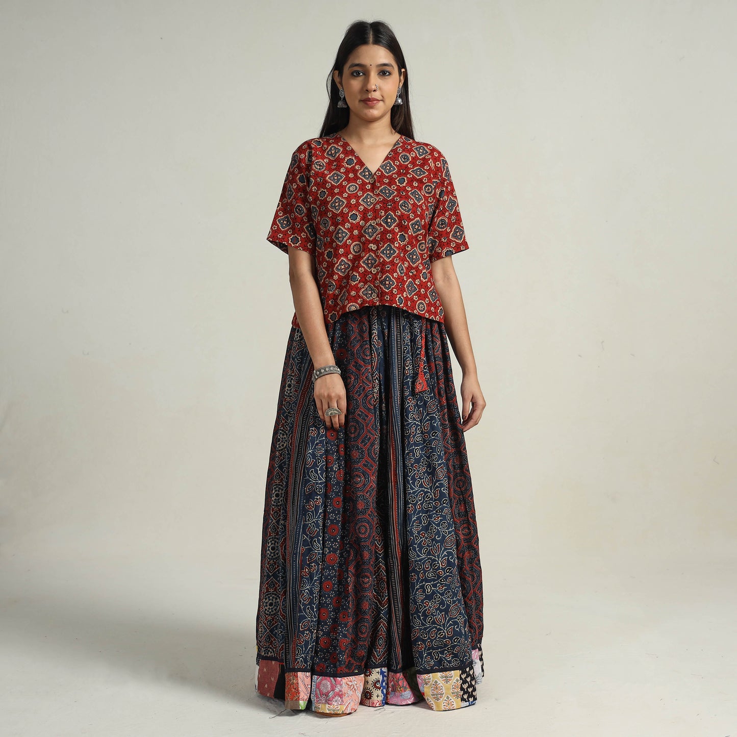 Multicolor - Kutch Block Printed 24 Kali Cotton Long Skirt 28