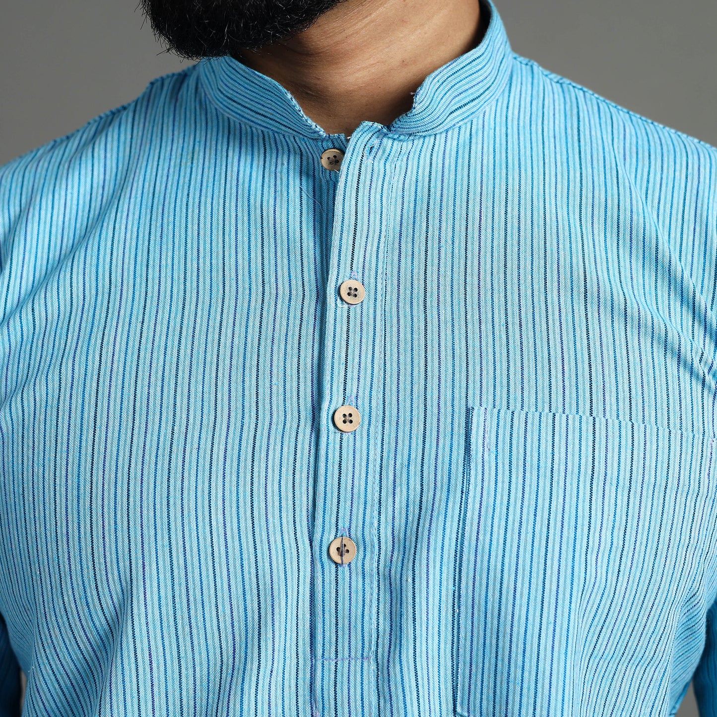 Sky Blue - Handloom Cotton Stripe Men Short Kurta