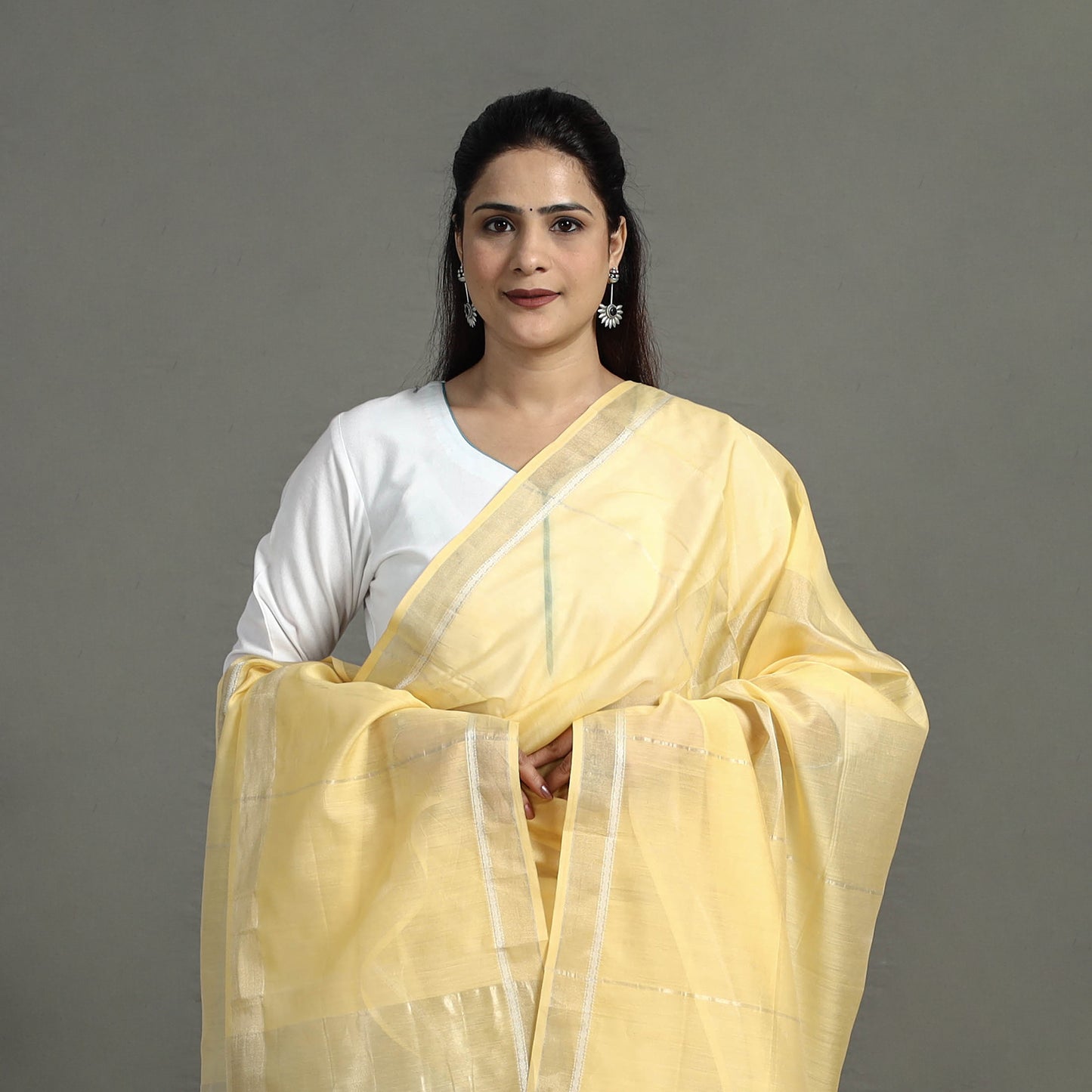 Yellow - Handloom Silk Cotton Zari Work Maheshwari Dupatta 18