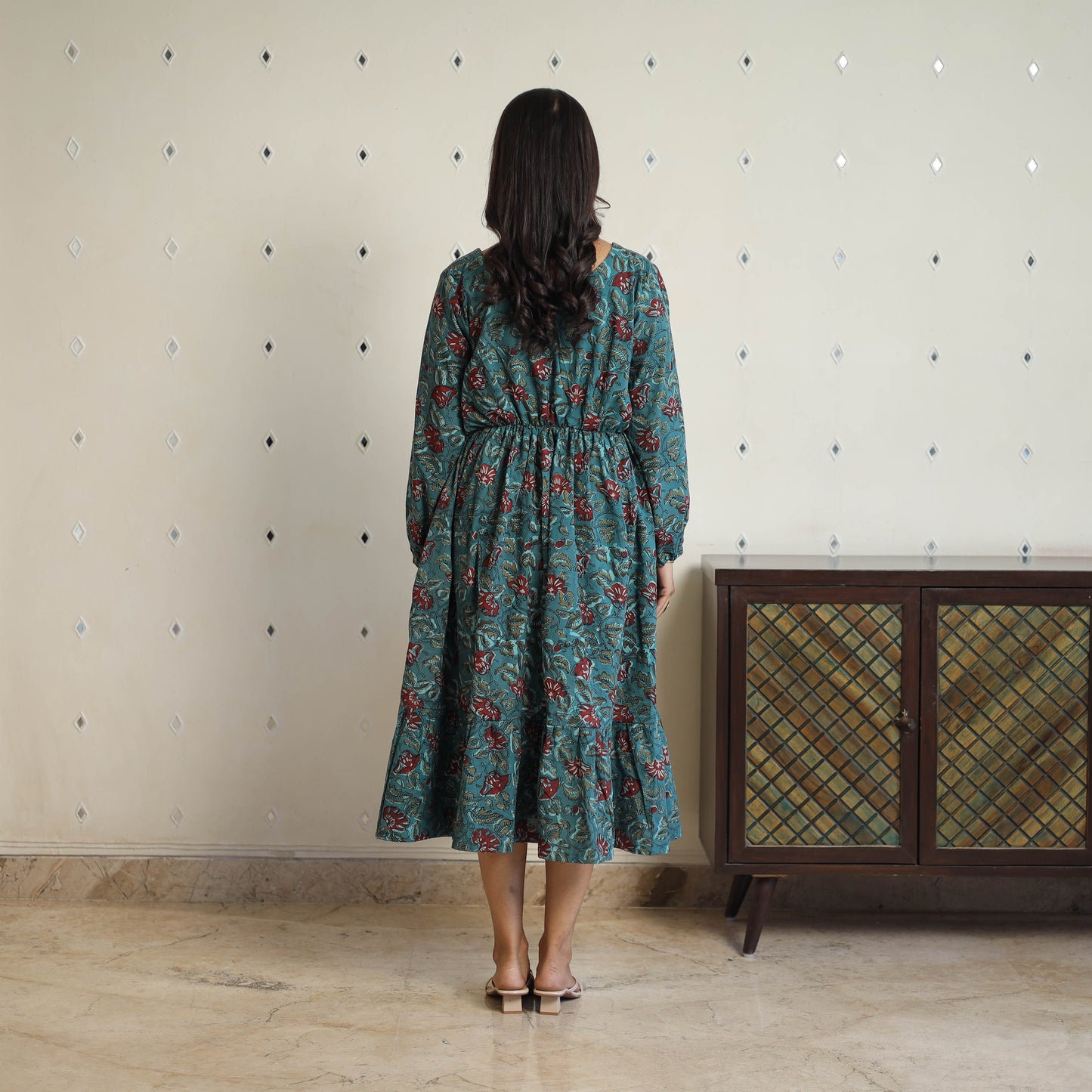 Green - Block Printed Cotton Fit & Flare Jahota Dress 04