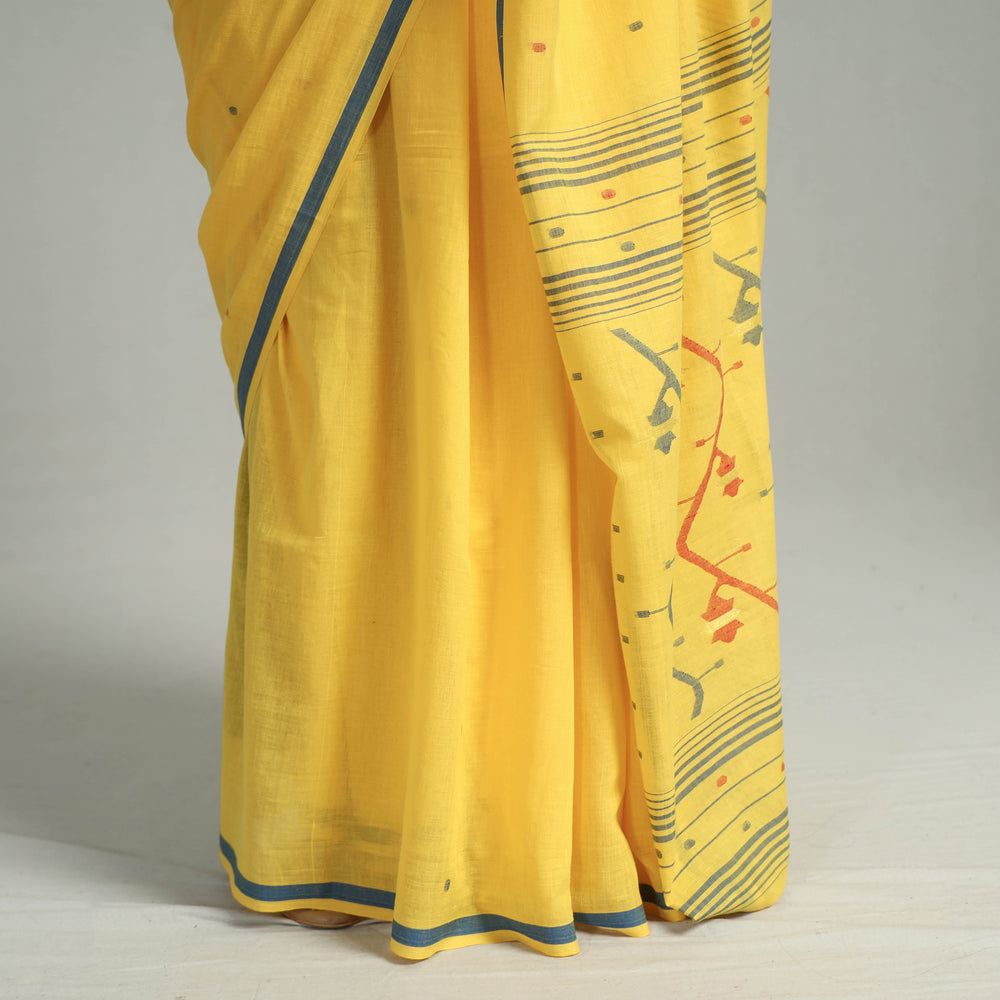 Yellow - Handloom Cotton Phulia Jamdani Saree with Tassels 27