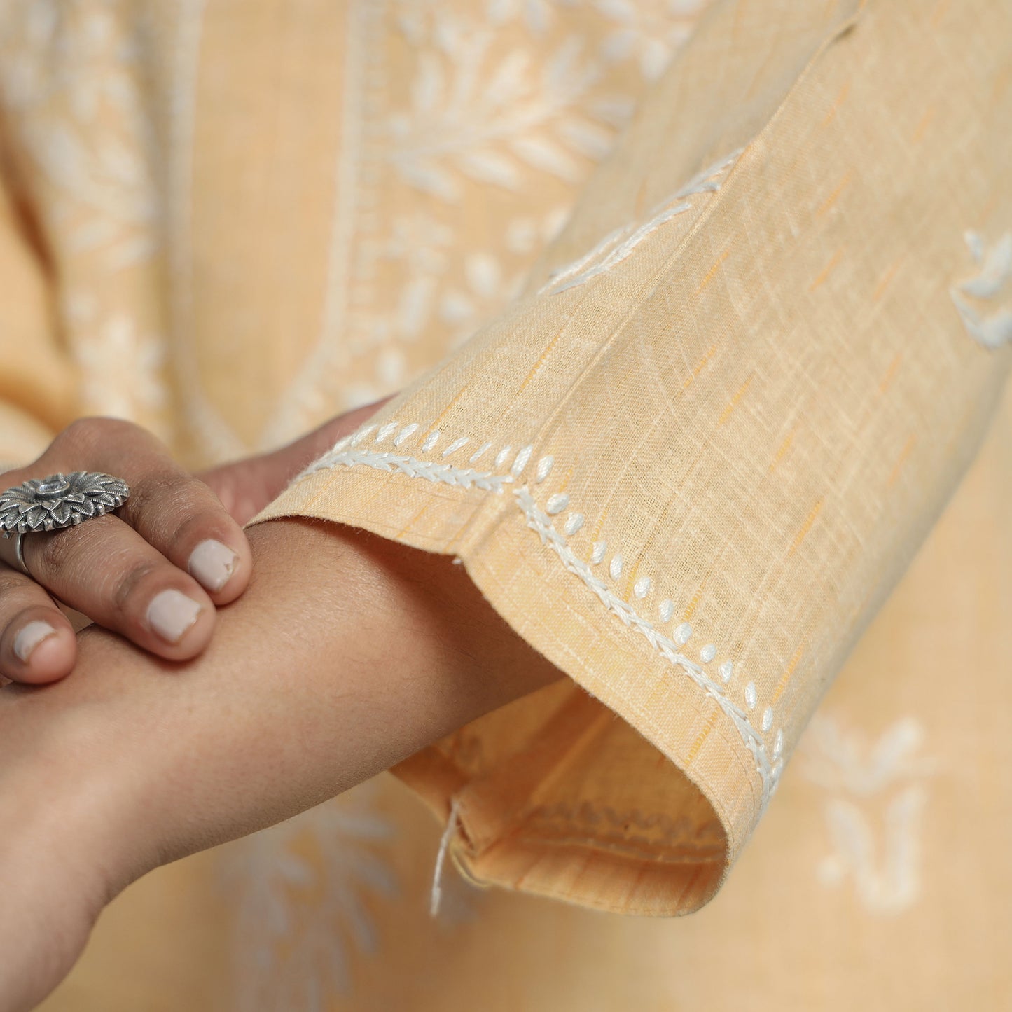 Beige Chikankari Hand Embroidered Cotton Long Kurta