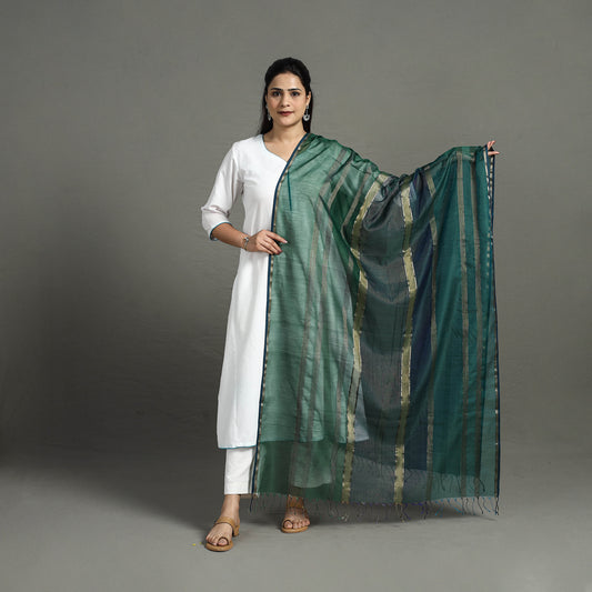 Green - Handloom Silk Cotton Zari Work Maheshwari Dupatta 19